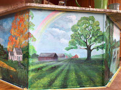 Triptic of South Glastonbury, 2018,
Acrylic on Wood, 
"Tobacco Fields and Oak Tree on Old Maids Lane"